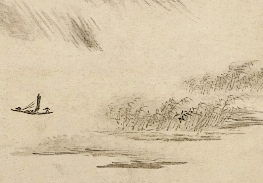 Zha Shibiao, Man on a boat in rain, detail (1615–1698)
